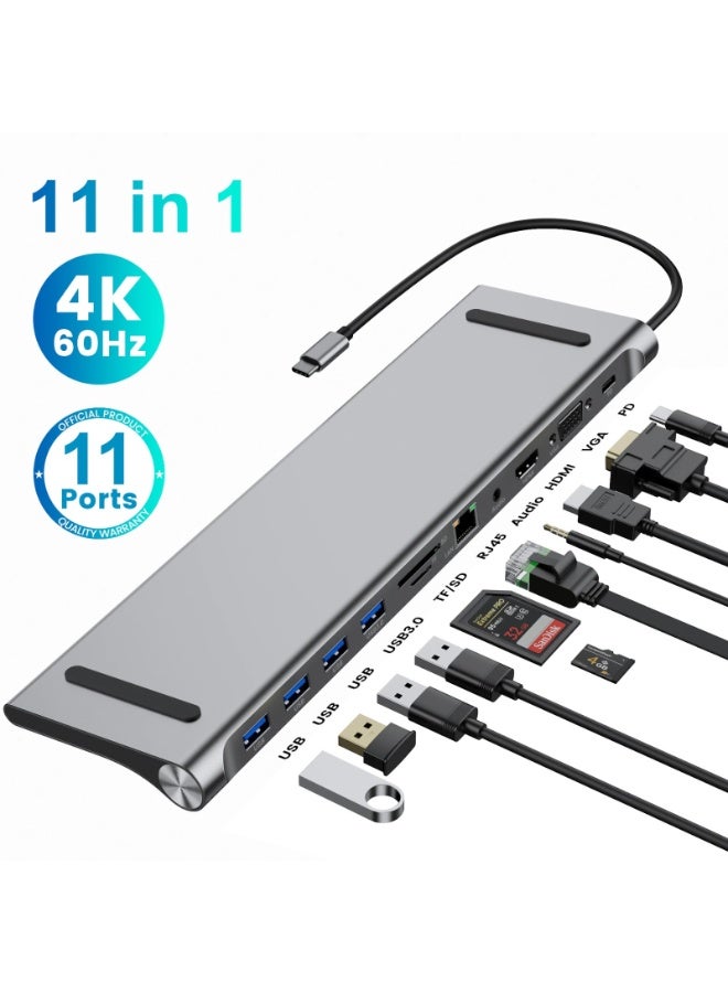 محطة توصيل 11 في 1 USB-C – محول متعدد المنافذ مع HDMI 4K 60Hz، منفذ VGA، إيثرنت RJ45، شحن PD 100W، 3 منافذ USB 3.0، قارئ بطاقات TF/SD، ومنفذ صوت – متوافق مع اللابتوب، ماك بوك، ويندوز، وأجهزة Type-C - Image 3