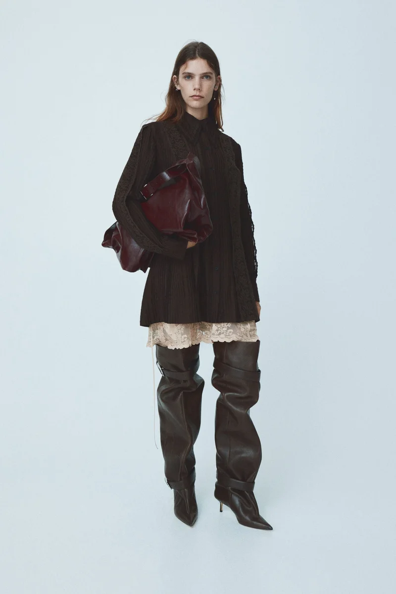 اتش اند ام فستان قميص مزين بالدانتيل