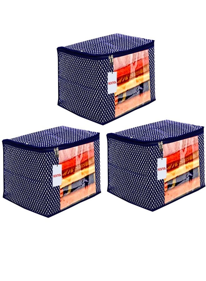 KIVYA 3 Layered Quilted Polka Dot Cotton Saree Covers Storage Bags For Wardrobe Organizers With Transparent Window, Navy Blue - Set of 3 - Image 1