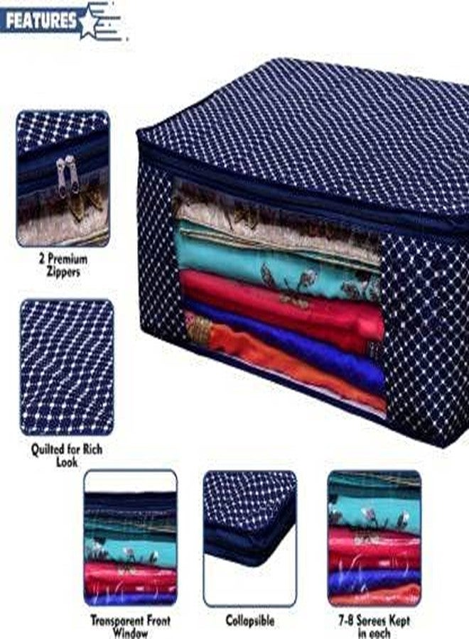 KIVYA 3 Layered Quilted Polka Dot Cotton Saree Covers Storage Bags For Wardrobe Organizers With Transparent Window, Navy Blue - Set of 3 - Image 2