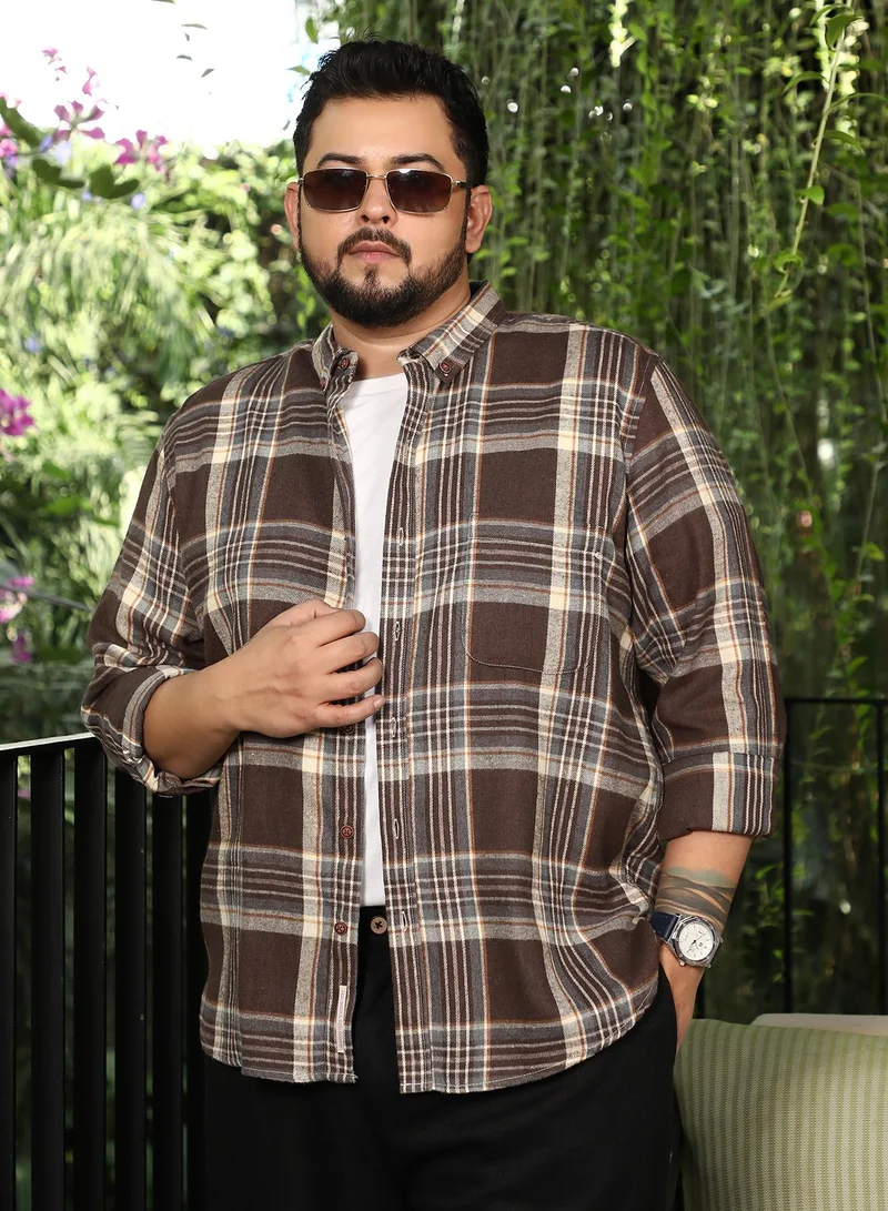 Men Button-Down Shadow-Plaid Shirt | Button-Down Collar, Long Button-Cuff Sleeves | Button Closure, Curved Hem | Plaid Twill | Woven Fabric For Plus Size Casual & Daily Wear | Brown