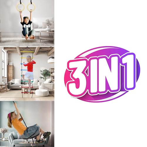 VIXERA Playing Equipment for Kids 3 in 1, Disc Swing Set with Ninja Rope Ladder & Trapeze Bar with Rings for Kids Climbing Swing, Indoor & Outdoor Play Structure - Image 2