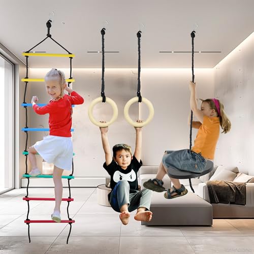 VIXERA Playing Equipment for Kids 3 in 1, Disc Swing Set with Ninja Rope Ladder & Trapeze Bar with Rings for Kids Climbing Swing, Indoor & Outdoor Play Structure - Image 1