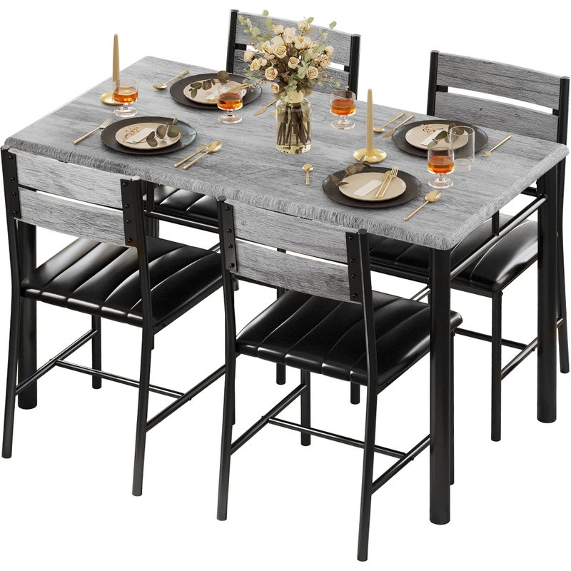 IRONCK Dining Table Set for 4 Wood Kitchen Table with Upholstered Chairs for Kitchen Room and Small Spaces Grey