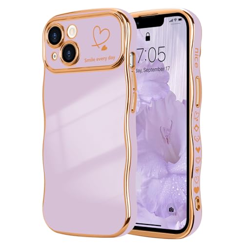 LCHULLE for iPhone 14 Plus Case for Women Girls Cute Wave Frame Curly Shape with Love Heart Pattern Raised Camera Protection Cover Luxury Plating Shockproof Phone Case for iPhone 14 PlusLight Purple - Image 1