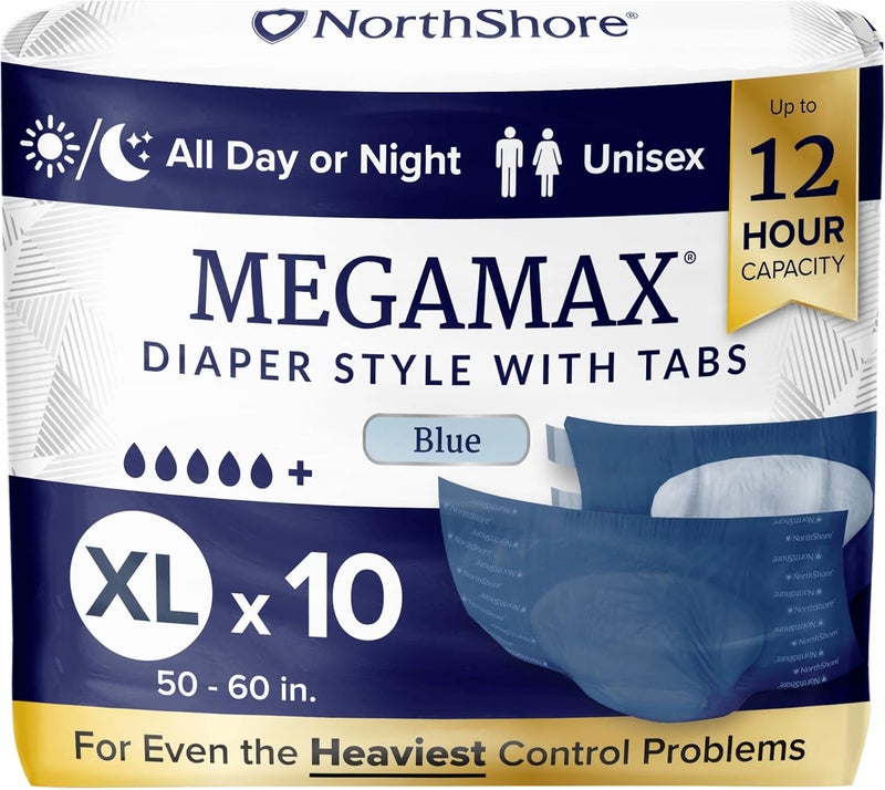 NorthShore MegaMax Adult Overnight Diapers 12Hour TabStyle XLarge 10 Count Bag Blue 5060 inches Unisex Incontinence Underwear - Image 1