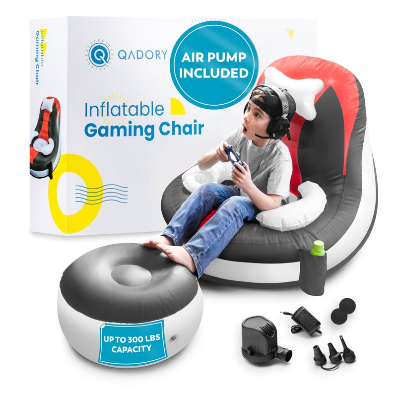 Qadory Inflatable Gaming Chair for Kids â€“ Supports Up to 300 lbs, Includes Air Pump, Cup Holder, 2 Pockets â€“ Durable Bean Bag Seat, Comfy Kids Gaming Chair & Top Gamer Chairs for Kid Room - Image 1