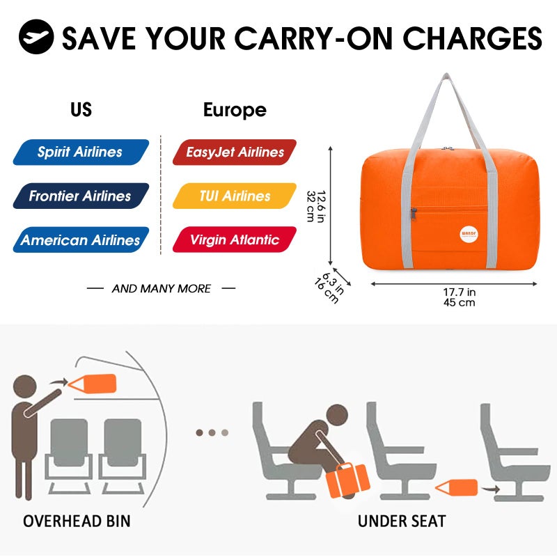 WANDF For Spirit Airlines Personal Item Bag 18x14x8 Travel Duffel Bag Underseat Foldable Carry-on Luggage for Women (A-Orange) - Image 2