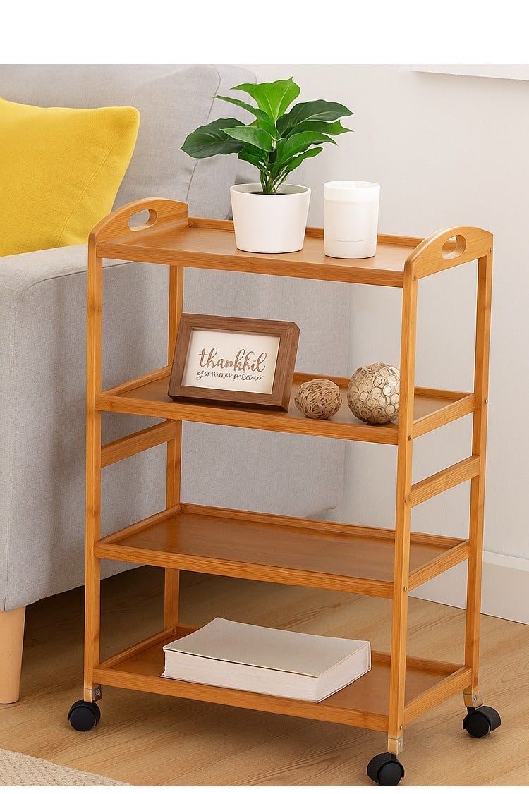 𝐅𝐅𝐃 Bamboo Serving Trolley – 4-Tier Rolling Cart with Lockable Wheels, Brown – Mobile Kitchen Storage Organizer, Eco-Friendly Wood,60x33x81cm - Image 1