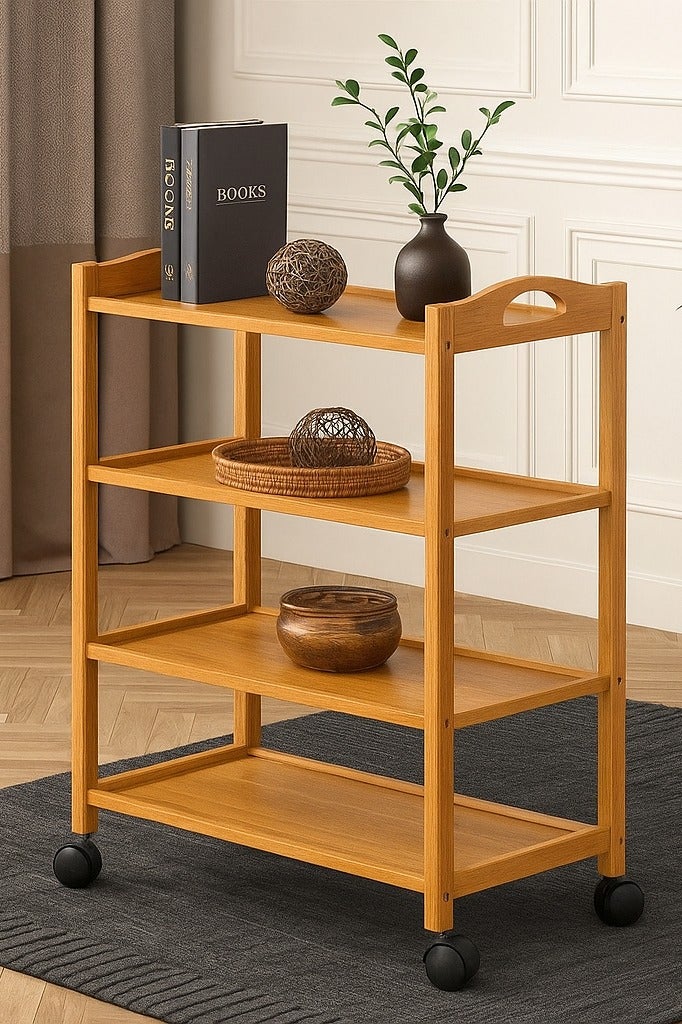 𝐅𝐅𝐃 Bamboo Serving Trolley – 4-Tier Rolling Cart with Lockable Wheels, Brown – Mobile Kitchen Storage Organizer, Eco-Friendly Wood,60x33x81cm - Image 3