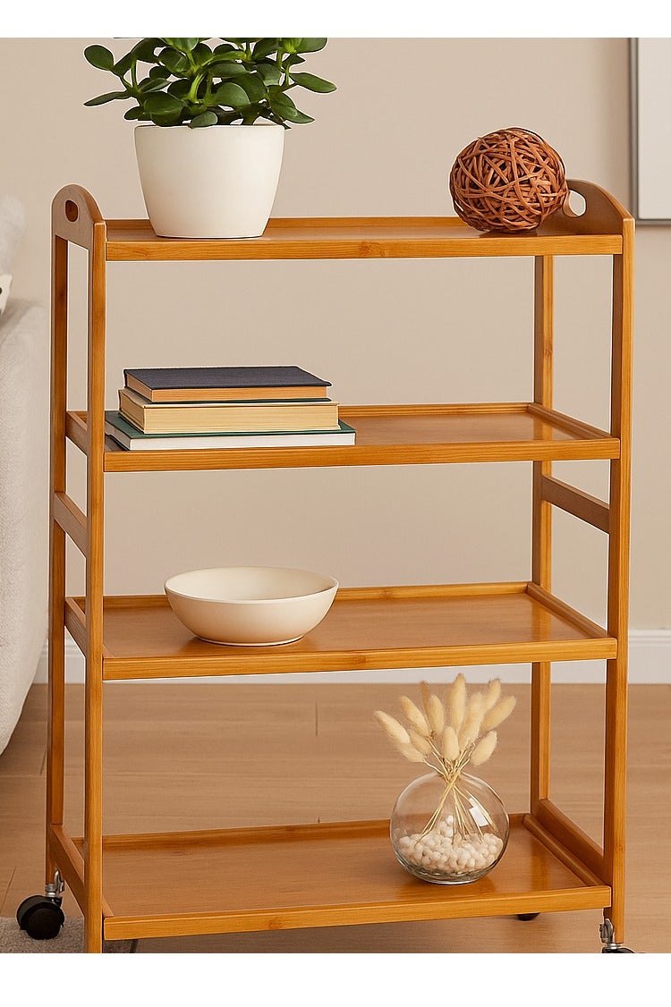𝐅𝐅𝐃 Bamboo Serving Trolley – 4-Tier Rolling Cart with Lockable Wheels, Brown – Mobile Kitchen Storage Organizer, Eco-Friendly Wood,60x33x81cm - Image 4