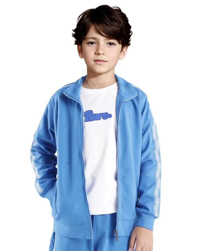 رير ونز Rare Ones Kids Jacksign Blue Cotton Full Sleeves High Neck Striped Sleeve Zipper Closure Jelly Print Jacket