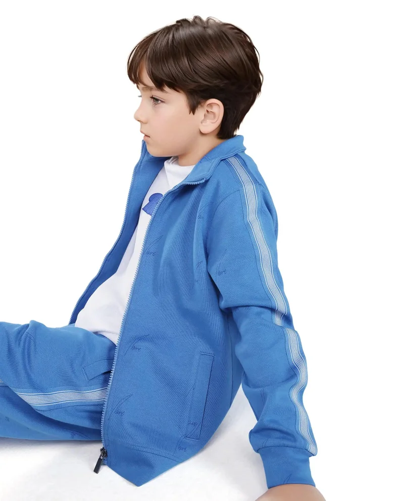 رير ونز Rare Ones Kids Jacksign Blue Cotton Full Sleeves High Neck Striped Sleeve Zipper Closure Jelly Print Jacket