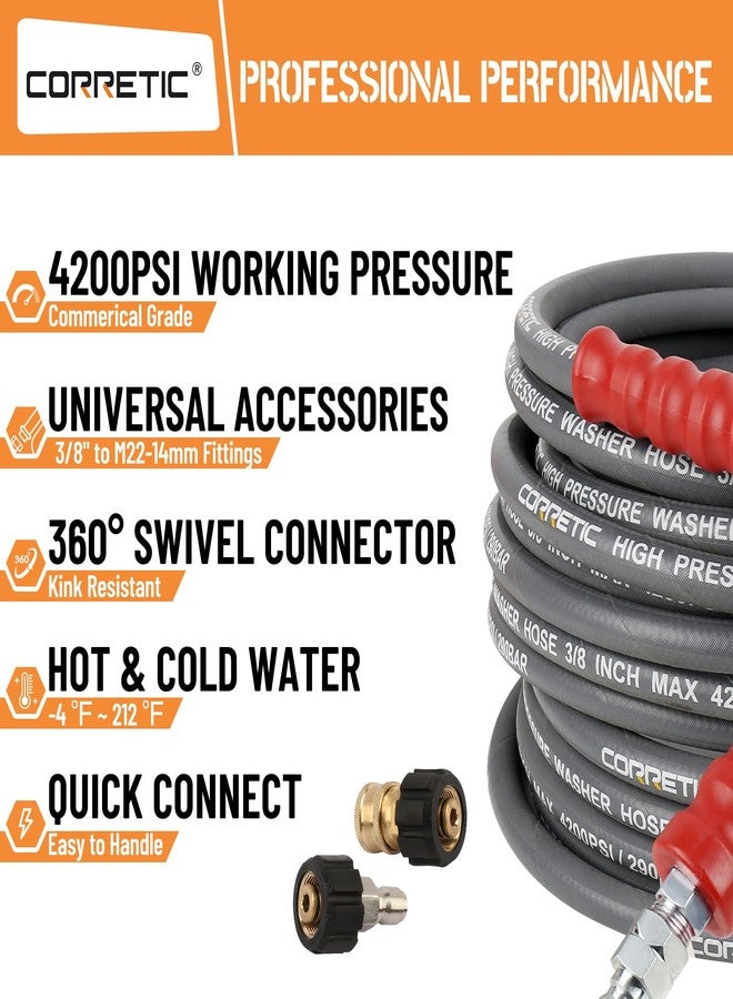 Corretic 3/8" Pressure Washer Hose for Cold and Hot Water, 4200psi Power Washer Hose with Kink Free Swivel Quick Connect, Steel Wire Braided & Synthetic Rubber Jacket, 2 M22 14mm Adapter Set - Image 2