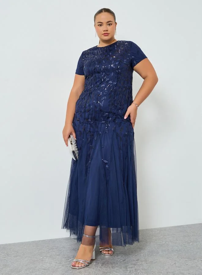 Styli  Plus Size Navy Blue Embellished A-Line Maxi Dress for Women | Best Price UAE