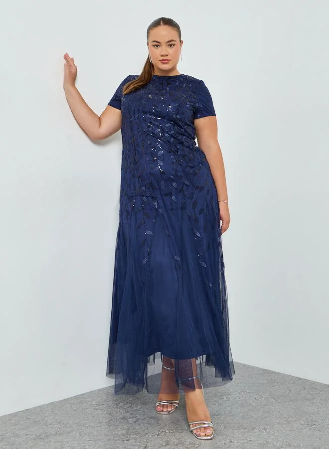Plus Size Navy Blue Embellished A-Line Maxi Dress