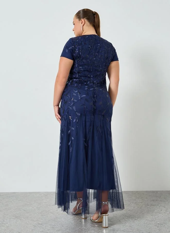 Styli  Plus Size Navy Blue Embellished A-Line Maxi Dress for Women | Best Price UAE