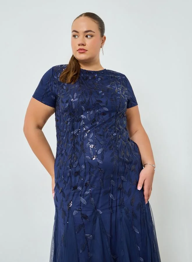Styli  Plus Size Navy Blue Embellished A-Line Maxi Dress for Women | Best Price UAE