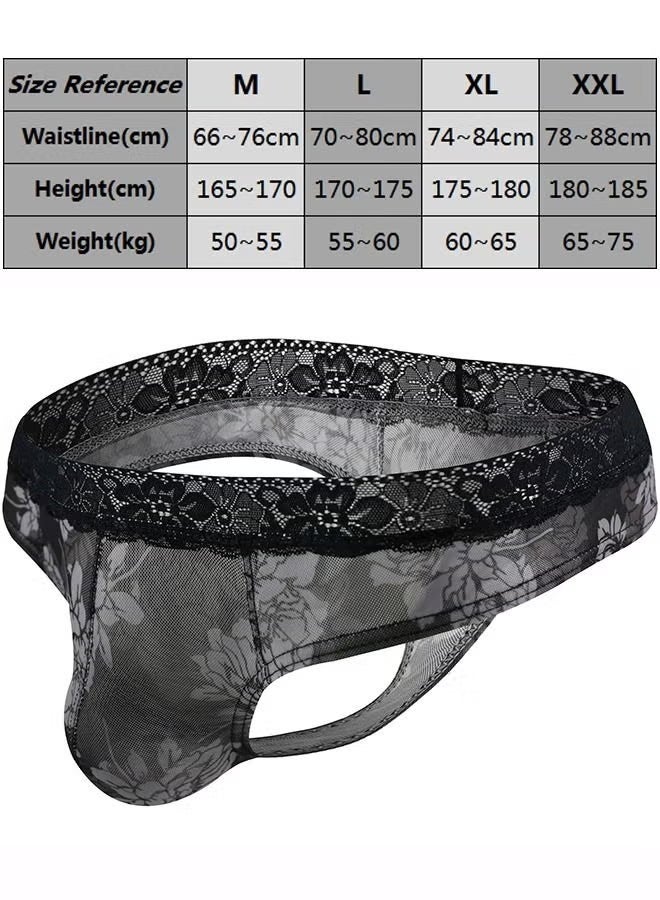 Happy-Time Men's Lingerie Lace Floral Print Thong Panty Breathable Mesh G-string T-back Bikini Briefs Underpants - Image 2
