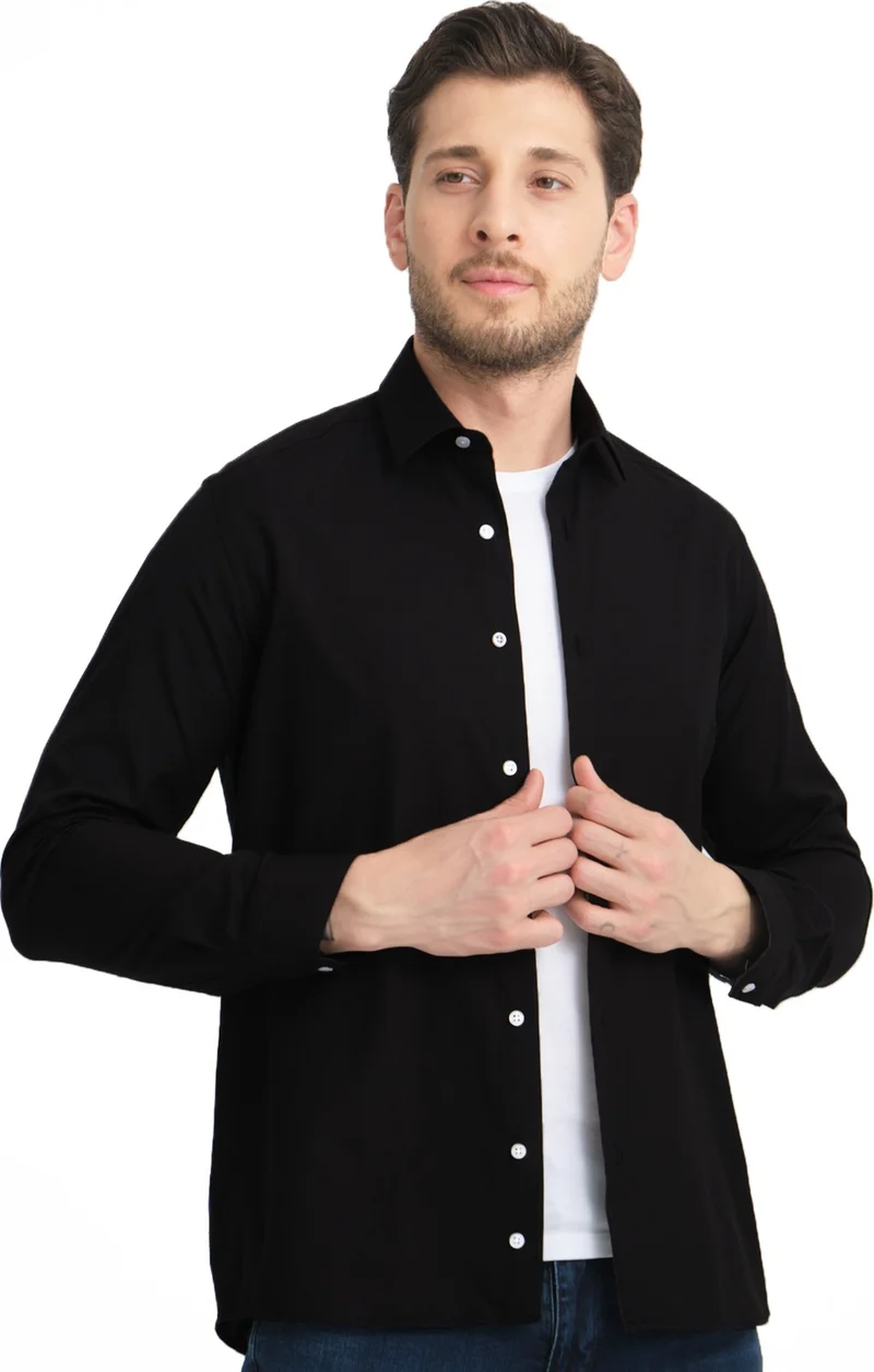 فاريتا Men's Black Plain Pocketless Wide Cut Long Sleeve Shirt