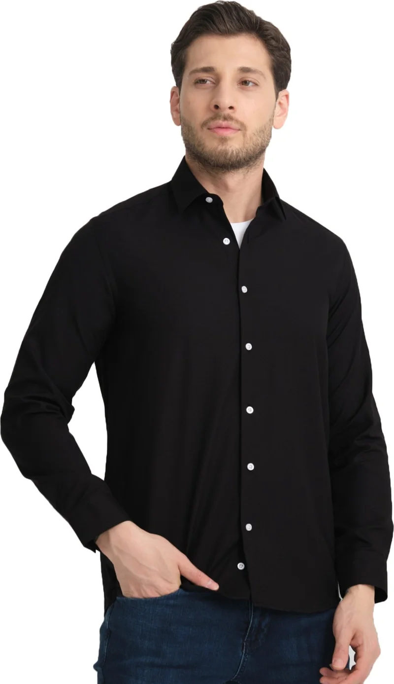 فاريتا Men's Black Plain Pocketless Wide Cut Long Sleeve Shirt