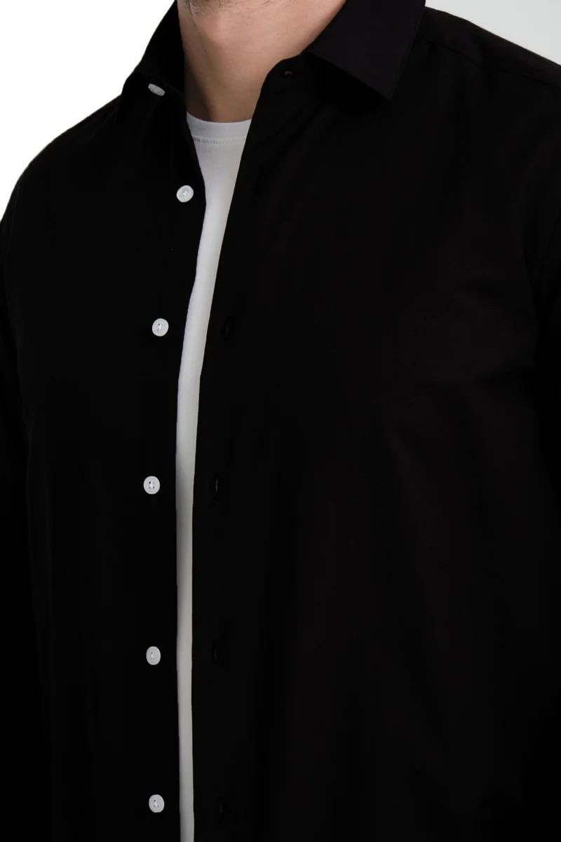 فاريتا Men's Black Plain Pocketless Wide Cut Long Sleeve Shirt