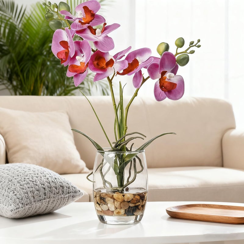 Jusdreen Artificial Purple Orchid in Glass Vase, Realistic Phalaenopsis Arrangement with Potting for Home Office Table Decor, 14.5 Inch Flower Centerpiece - Image 3