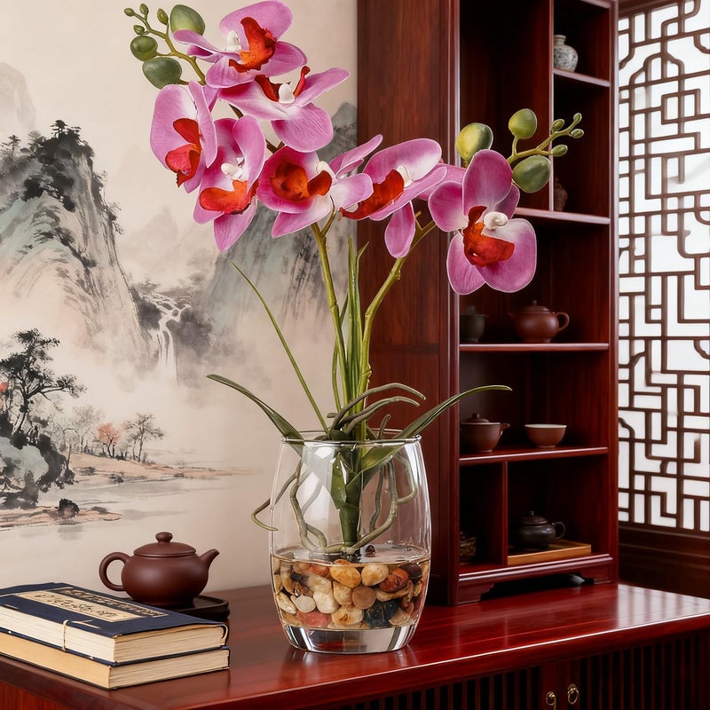 Jusdreen Artificial Purple Orchid in Glass Vase, Realistic Phalaenopsis Arrangement with Potting for Home Office Table Decor, 14.5 Inch Flower Centerpiece - Image 5