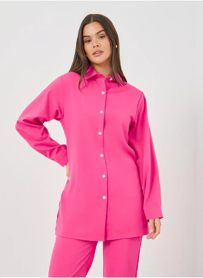 Take Two Take Two Solid Long Sleeve Shirt and Wide Leg Pants Co-Ords