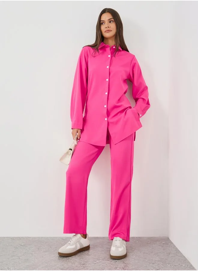 Take Two Take Two Solid Long Sleeve Shirt and Wide Leg Pants Co-Ords