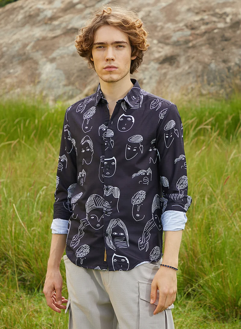 Campus Sutra Men's Midnight Black Doodle Face Shirt