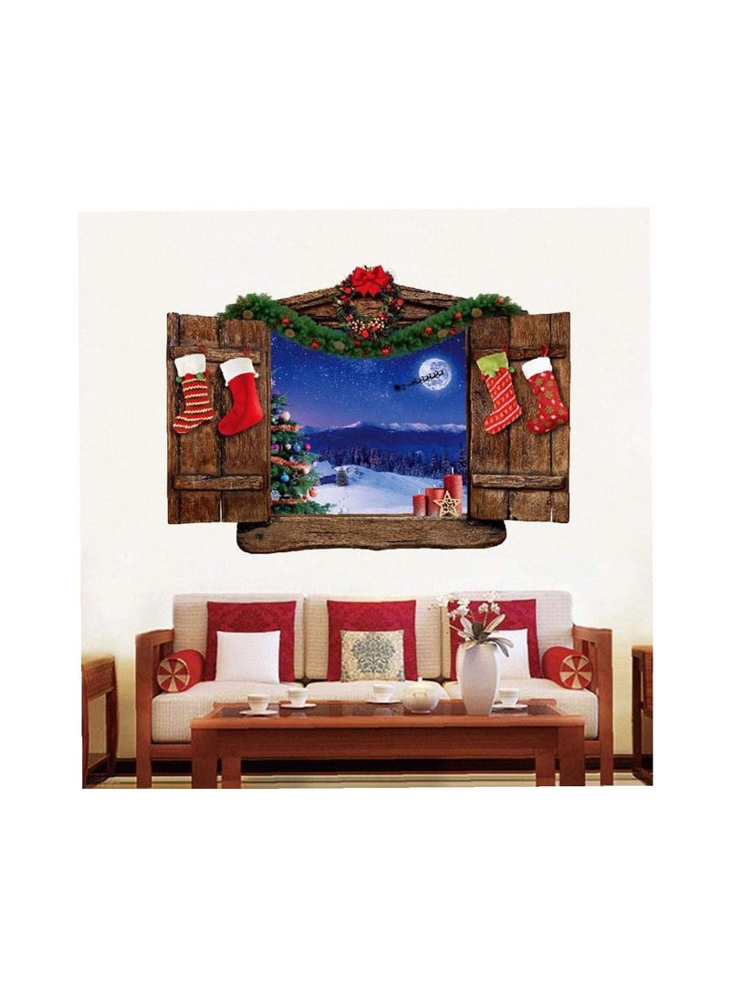 GGOOT Christmas Night Wall Sticker 3d Fake Window Stickers Moon Snow View Wall Art Mural Home Decoration Poster Wallpaper 70 * 50cm - Image 2