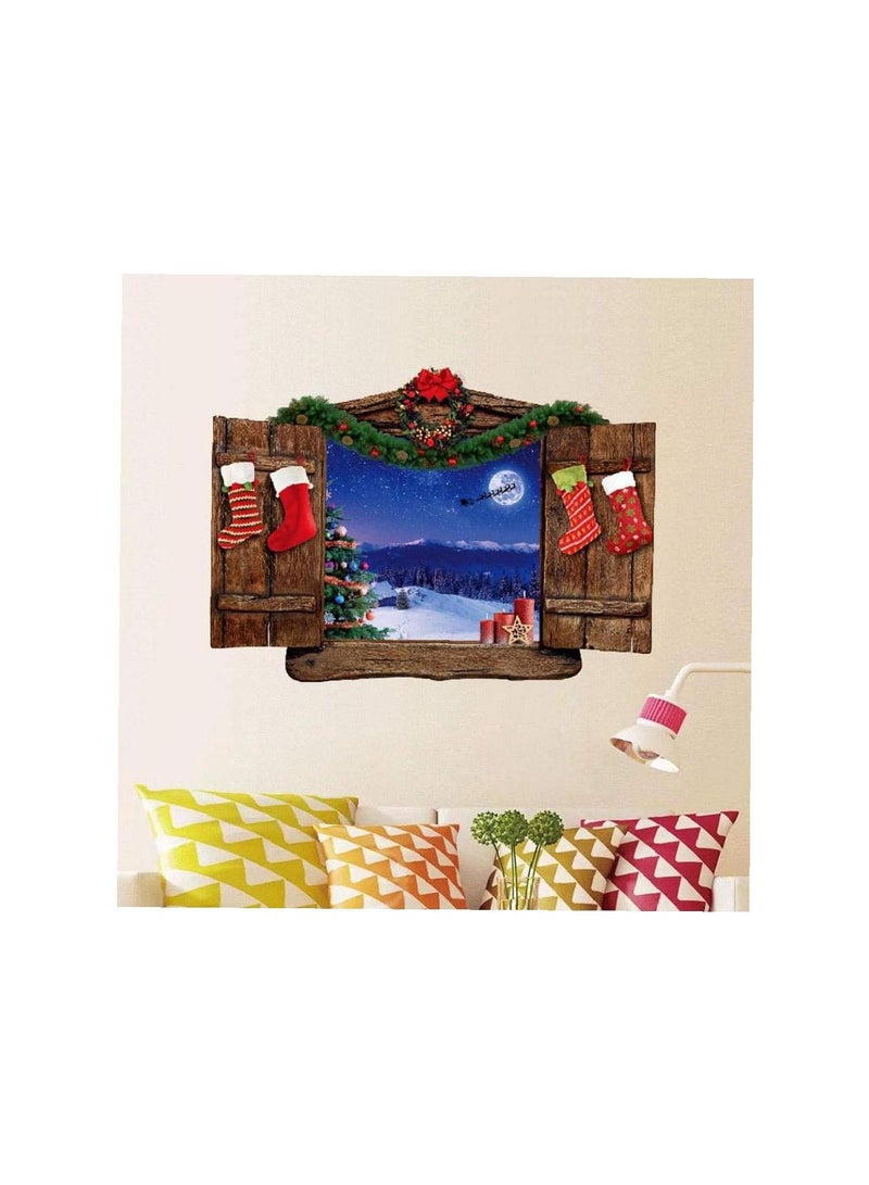 GGOOT Christmas Night Wall Sticker 3d Fake Window Stickers Moon Snow View Wall Art Mural Home Decoration Poster Wallpaper 70 * 50cm - Image 3