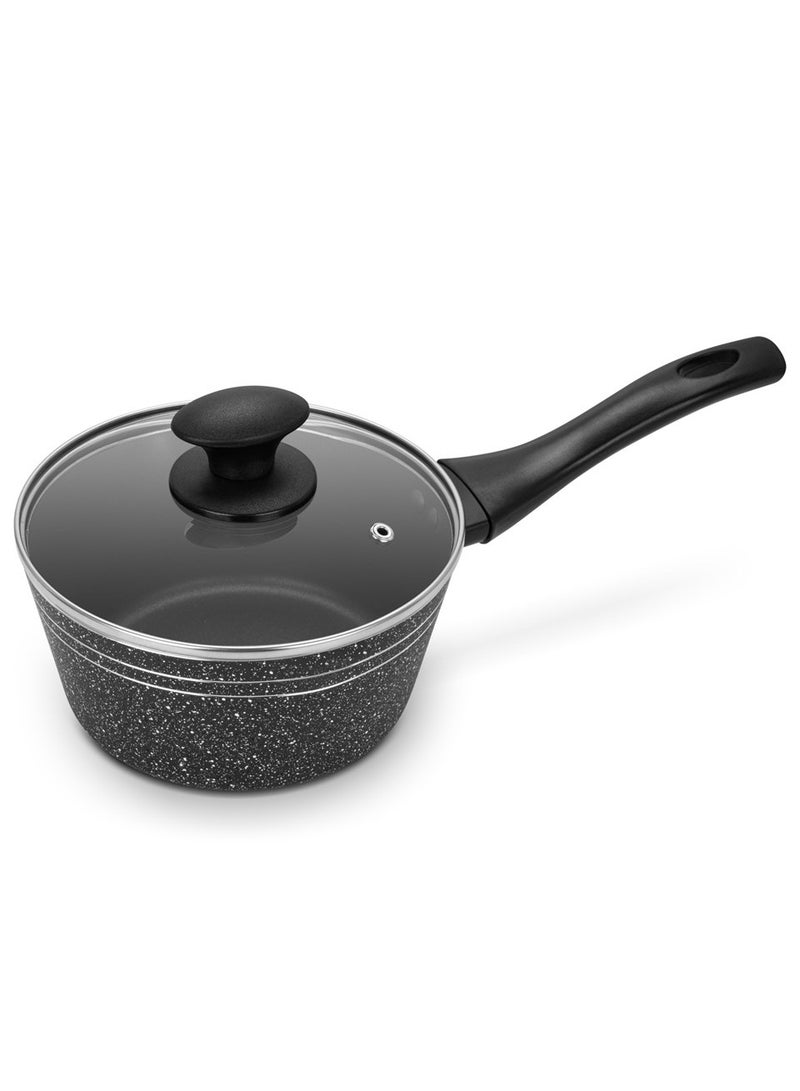 Auroware Non Stick 18 cm Saucepan Pan with Lid Black Pressed Aluminum Induction Bottom Strong and Durable Three layer coating Long lasting - Image 1