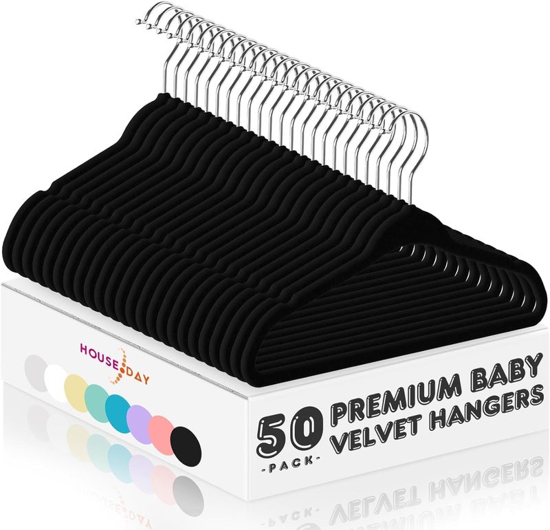 HOUSE DAY 50 Pack Black Velvet Baby Hangers - Durable Non-Slip Hangers for Infant & Toddler Clothes - Image 1