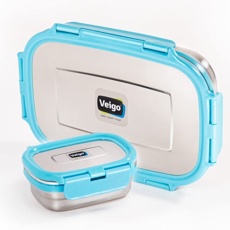 Veigo Steel Lunch Boxes for Office Men, Tiffin Box for Office Men, Lunch Box for Kids, Jumbo 950 ml, 180 ml Veg Box | Detachable Clips | Leakproof & Airtight | Durable Stainless Steel Lid | Violet - Image 1