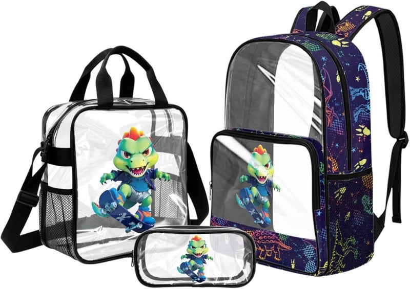 HUIACONG Boys Dinosaur Skate Clear Backpack for 6th 7th and 8th Grade 3 in 1 Set 17 Inch Large Cool PVC School Bag with Lunch Compartmentfor Primary School Kids - Image 1