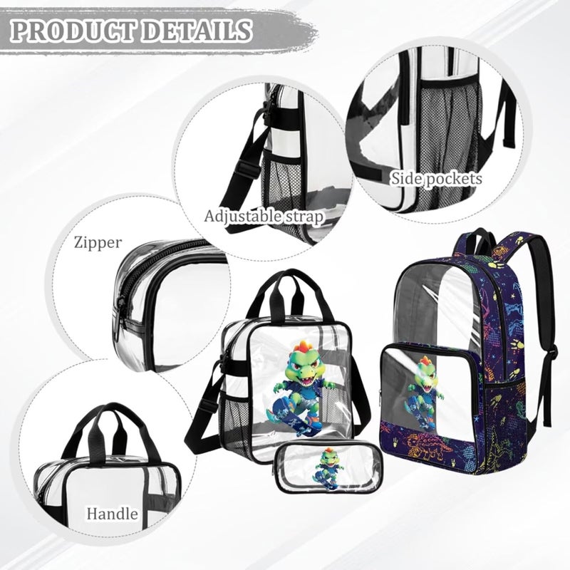 HUIACONG Boys Dinosaur Skate Clear Backpack for 6th 7th and 8th Grade 3 in 1 Set 17 Inch Large Cool PVC School Bag with Lunch Compartmentfor Primary School Kids - Image 4