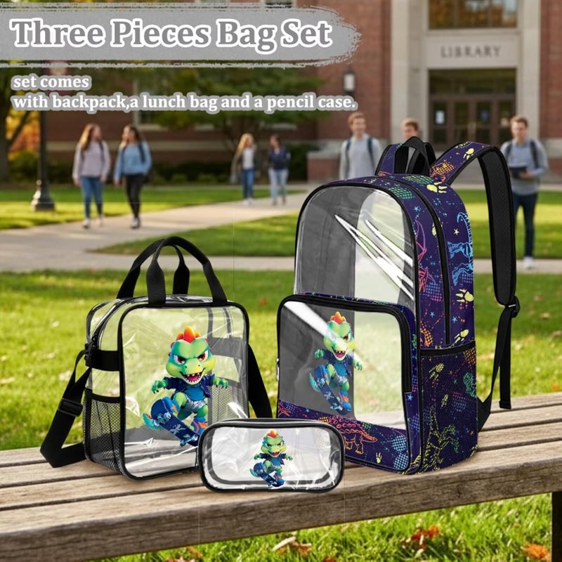 HUIACONG Boys Dinosaur Skate Clear Backpack for 6th 7th and 8th Grade 3 in 1 Set 17 Inch Large Cool PVC School Bag with Lunch Compartmentfor Primary School Kids - Image 3