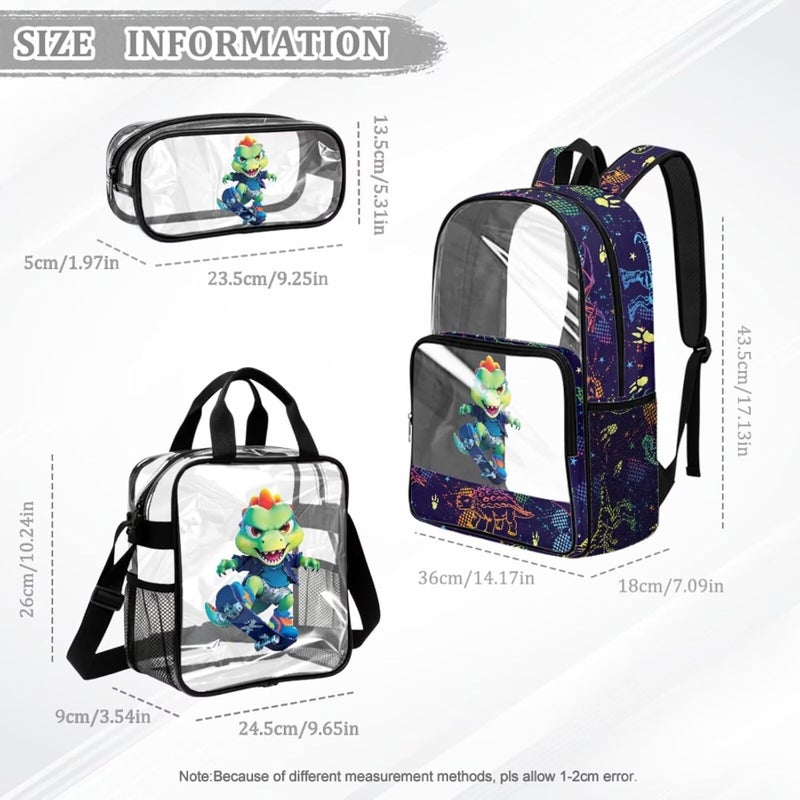 HUIACONG Boys Dinosaur Skate Clear Backpack for 6th 7th and 8th Grade 3 in 1 Set 17 Inch Large Cool PVC School Bag with Lunch Compartmentfor Primary School Kids - Image 2