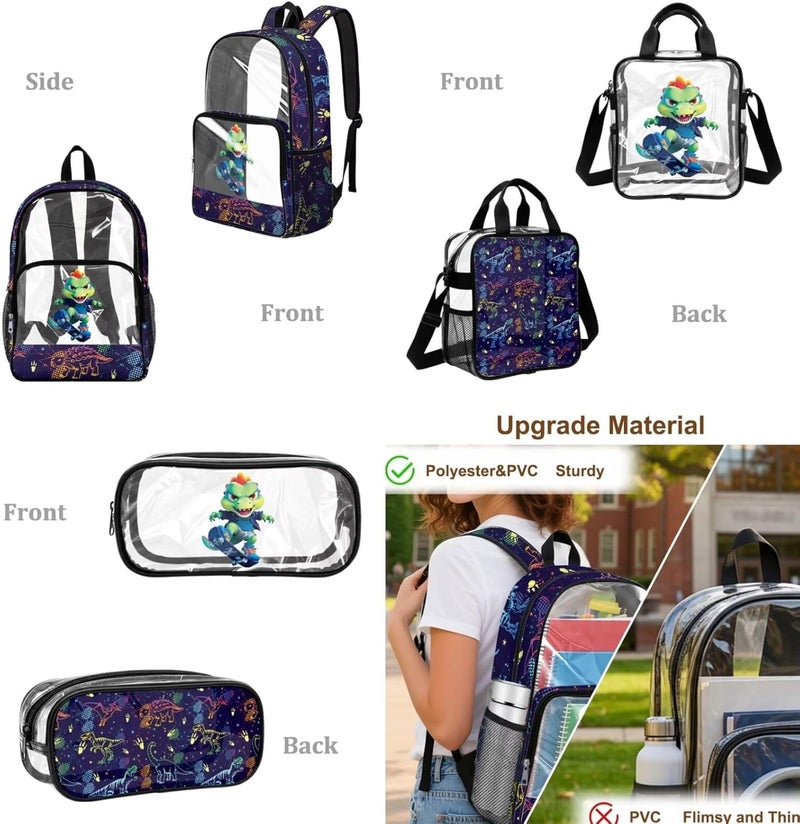 HUIACONG Boys Dinosaur Skate Clear Backpack for 6th 7th and 8th Grade 3 in 1 Set 17 Inch Large Cool PVC School Bag with Lunch Compartmentfor Primary School Kids - Image 5