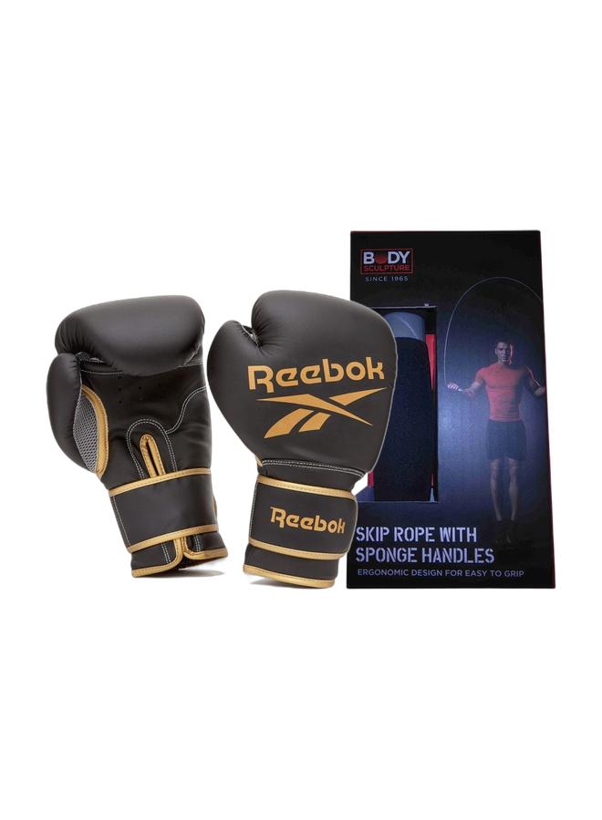 Reebok Skip Rope Sponge Handle 2.8m & Reebok Boxing Gloves 14oz Gold/Black Combo  - Image 1