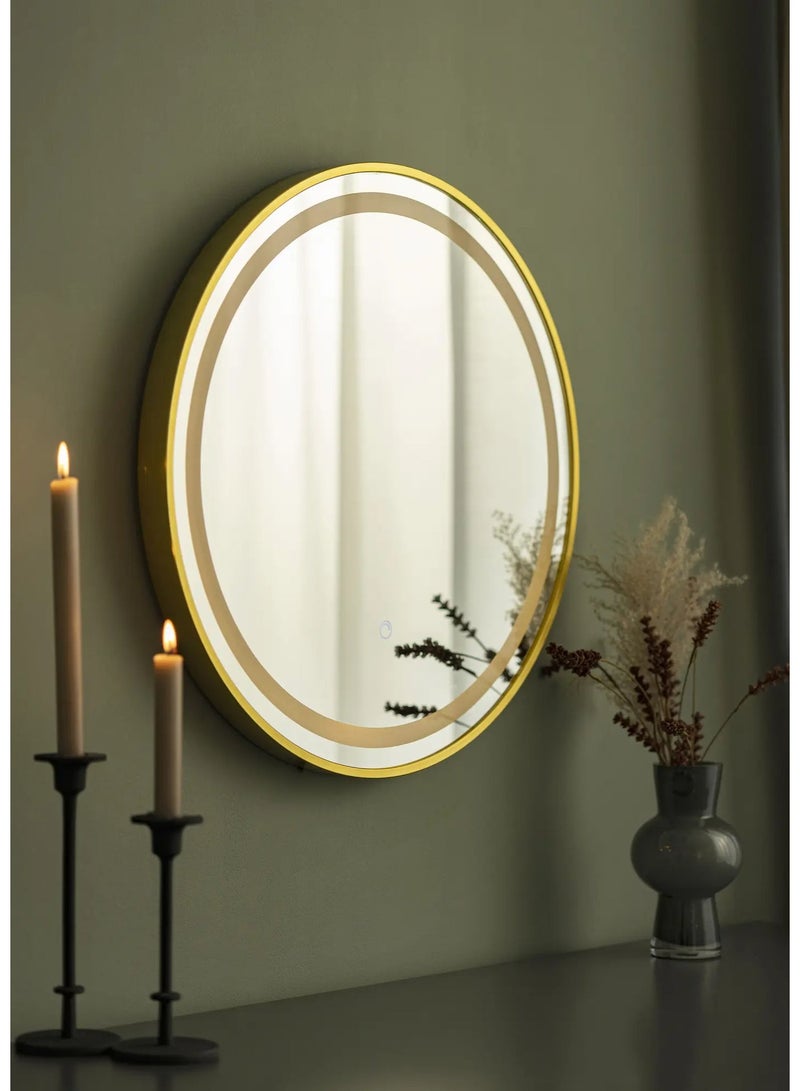 مرآة حائط دائرية بإضاءة LED مقاس 90×90 سم، بإطار معدني ذهبي، مزودة بزر لمس للتحكم في الإضاءة، خاصية مقاومة الضباب، مناسبة للحمام وغرفة المكياج، مرآة ديكورية تُثبت على الحائط. - Image 2