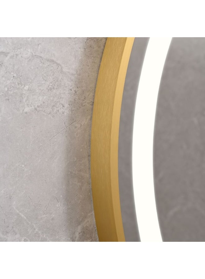 مرآة حائط دائرية بإضاءة LED مقاس 90×90 سم، بإطار معدني ذهبي، مزودة بزر لمس للتحكم في الإضاءة، خاصية مقاومة الضباب، مناسبة للحمام وغرفة المكياج، مرآة ديكورية تُثبت على الحائط. - Image 5