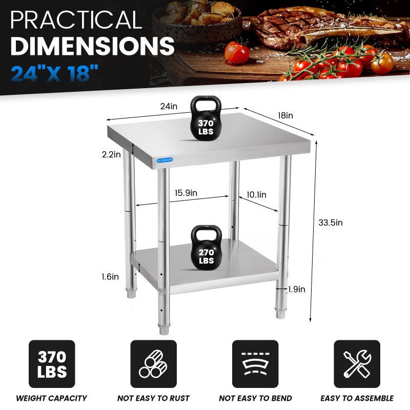 KUARBARR Stainless Steel Table for Prep & Work with Undershelf 18 x 24 Inches NSF Metal Commercial Kitchen Prep Table with Adjustable Under Shelf Worktable for Restaurant Home Outdoor - Image 3