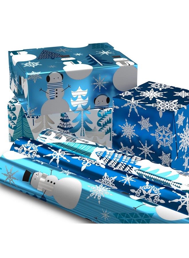Hallmark Blue Foil Christmas Wrapping Paper with Cut Lines on Reverse (3 Rolls: 60 sq. ft. ttl) Snowmen, Snowflakes, Christmas Trees - Image 1