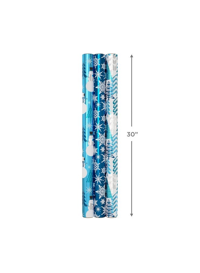 Hallmark Blue Foil Christmas Wrapping Paper with Cut Lines on Reverse (3 Rolls: 60 sq. ft. ttl) Snowmen, Snowflakes, Christmas Trees - Image 3