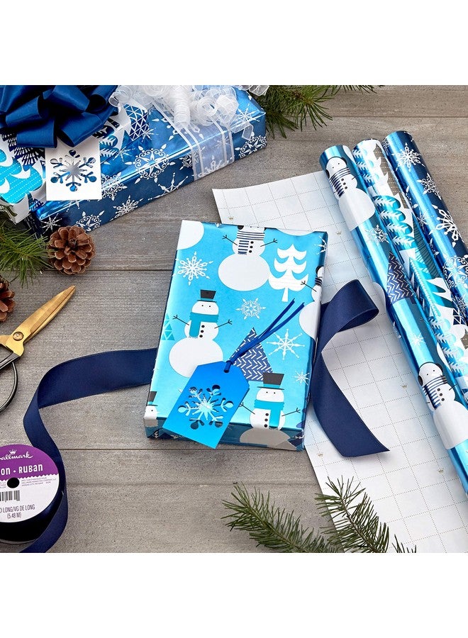 Hallmark Blue Foil Christmas Wrapping Paper with Cut Lines on Reverse (3 Rolls: 60 sq. ft. ttl) Snowmen, Snowflakes, Christmas Trees - Image 2