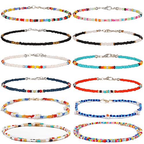 XIJIN 12Pcs Handmade Beaded Anklets for Women Boho Colorful Beads Ankle Bracelets Adjustable Foot Anklet Set - Image 1