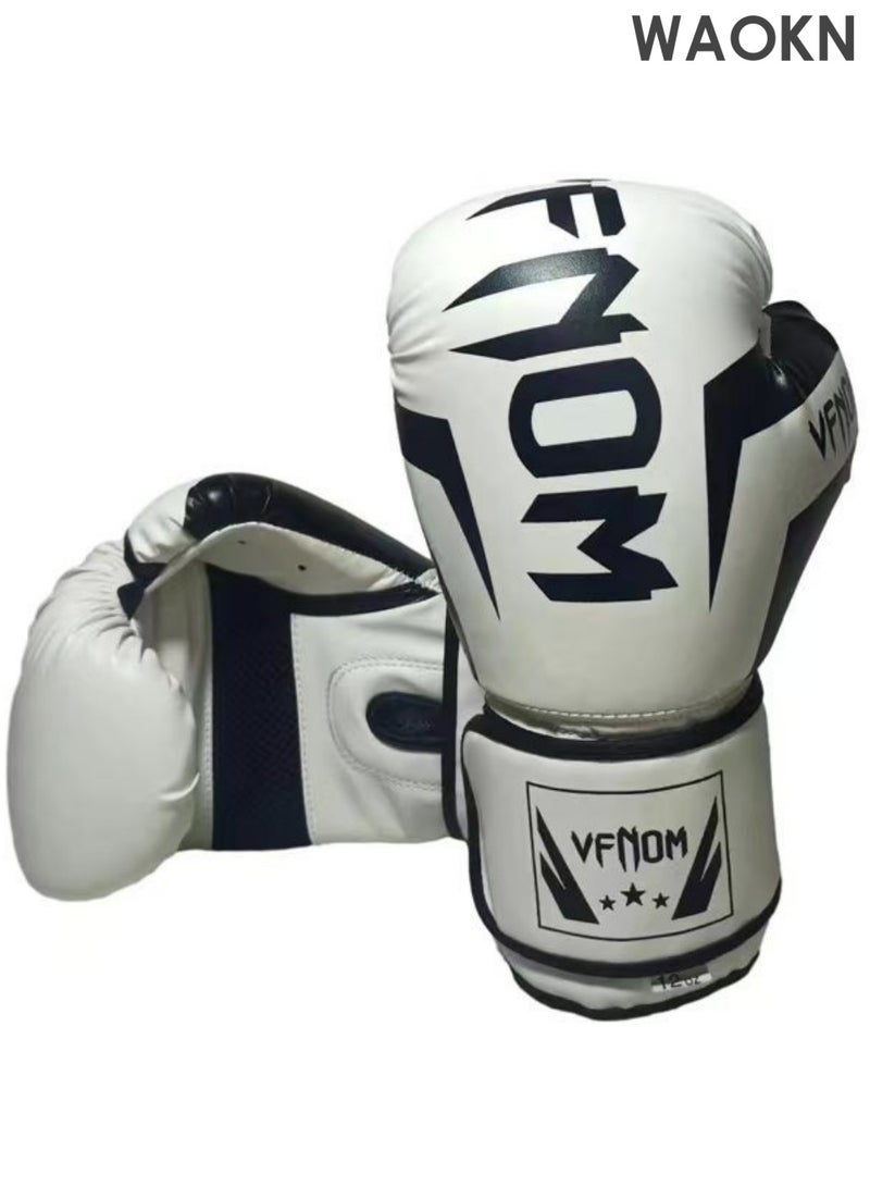 WAOKN 12OZ Boxing Gloves PU Leather, Muay Thai Kickboxing MMA Sparring Training, Advanced TAKKA Closure, Padding, Punch Bags Speed Ball Focus Pads Workout Gloves,Boxing Gloves Sparring Muay Thai Pro Training, Maya Hide Leather, Kickboxing Heavy Punching Bag Focus Mitts Pads Double End Ball Workout, MMA Fitness Gym Bagwork, Ventilated Palm, Men White - Image 1
